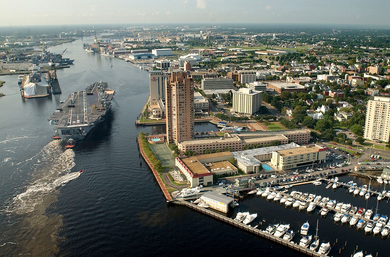 Aerial view of the Portsmouth waterfront along the Elizabeth River