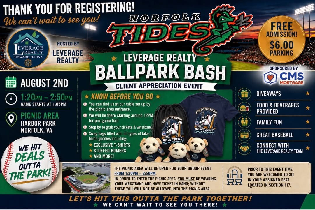 Leverage Realty Ballpark Bash client appreciation event at Harbor Park in Norfolk. Flyer lists August 2, free admission and $6 parking.