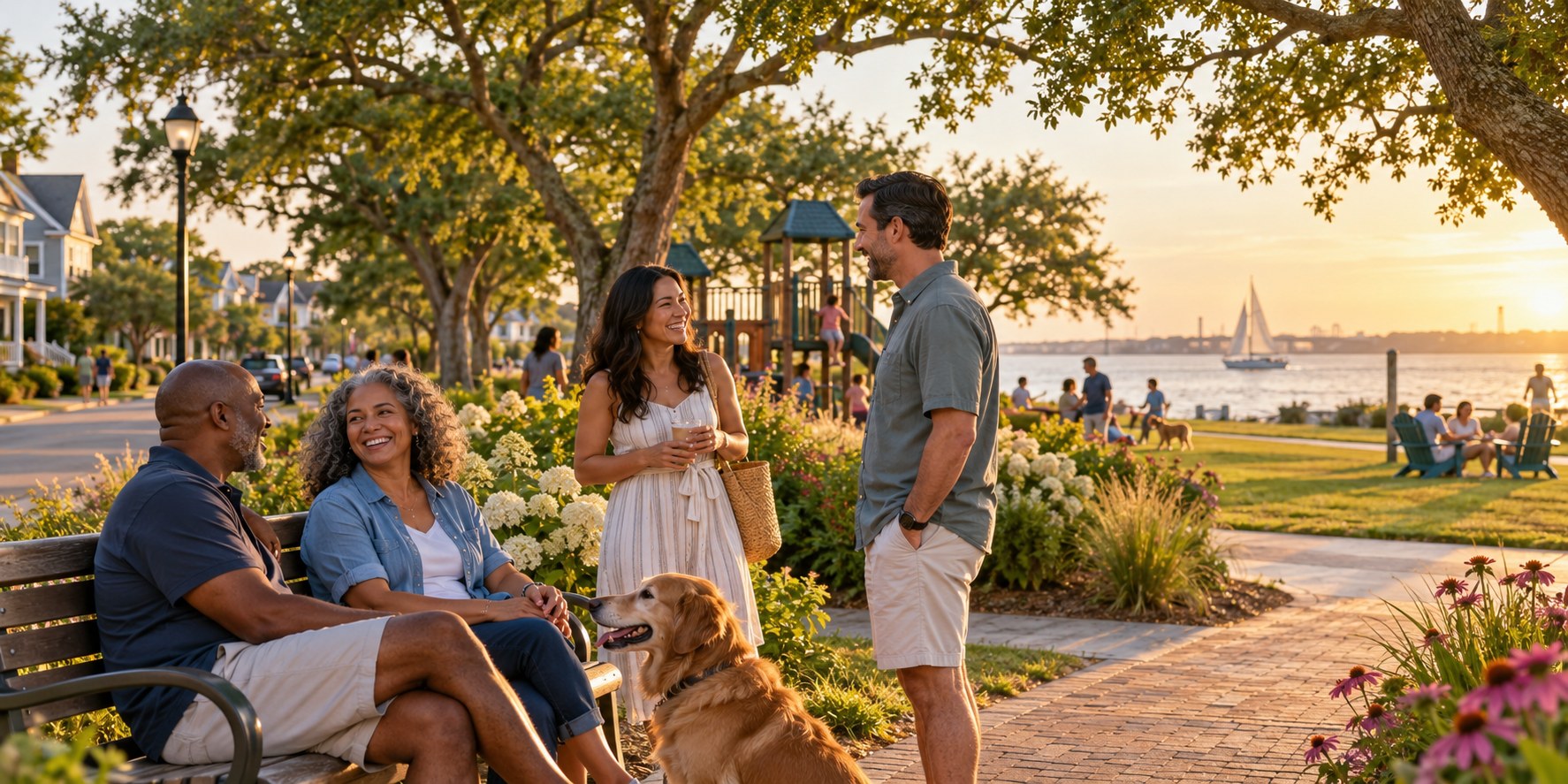 Neighbors connecting in a welcoming waterfront community park