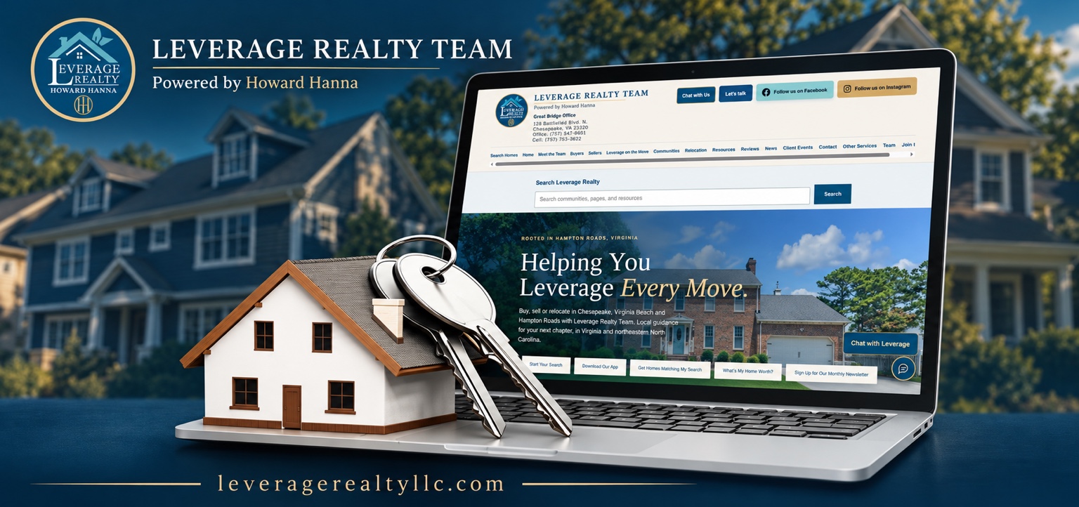 Leverage Realty Team powered by Howard Hanna: website shown on a laptop beside a model home and house keys